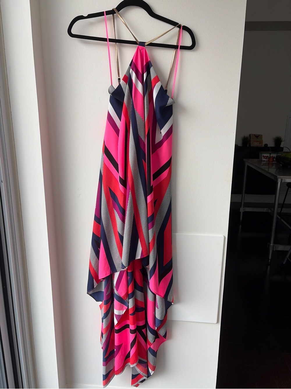 Express Pink & Navy Geo-Print Halter High-Low Dress
